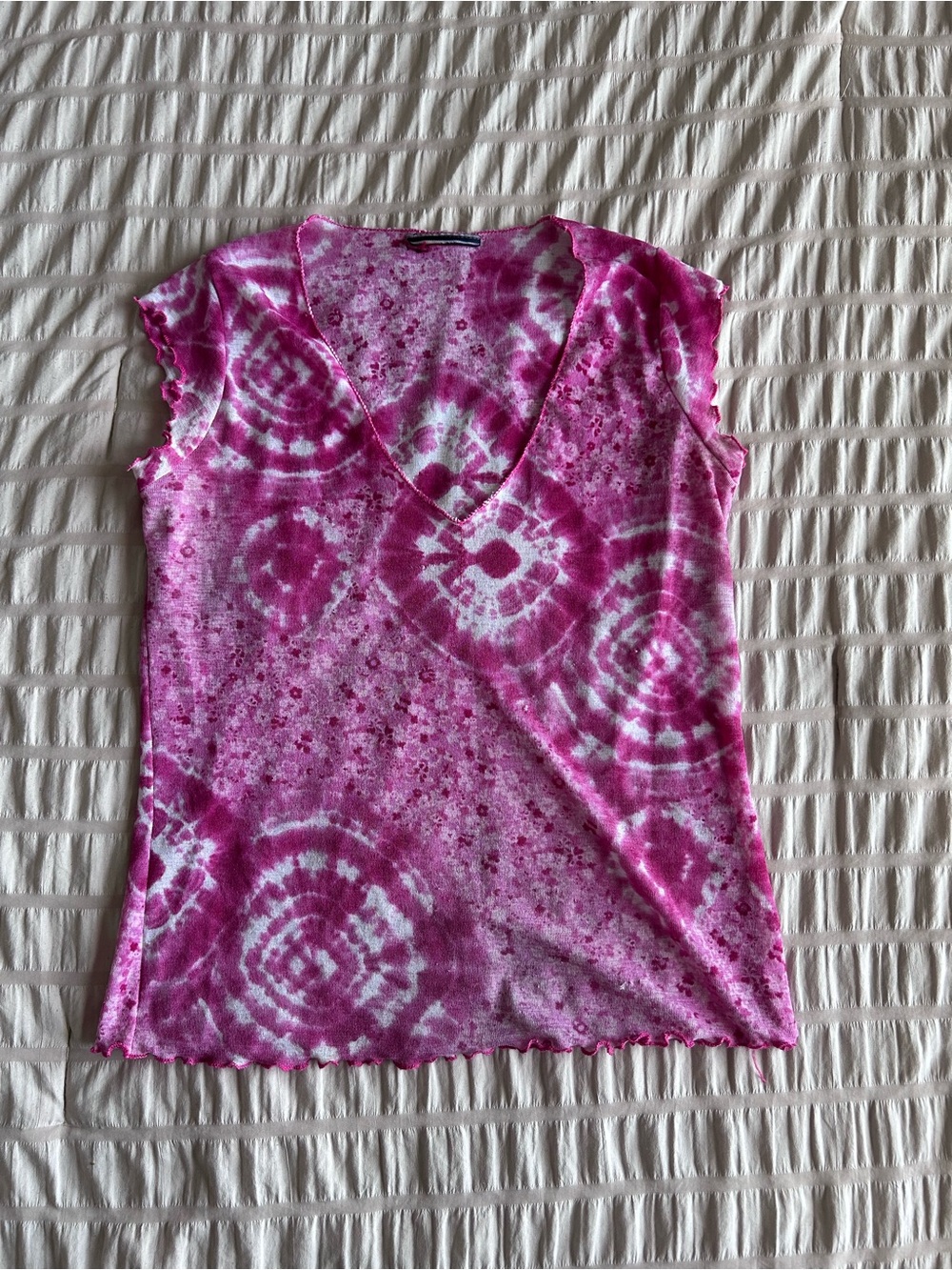 Pink Y2K Style Tie Dye Mesh V-Neckline Top (XS/S)